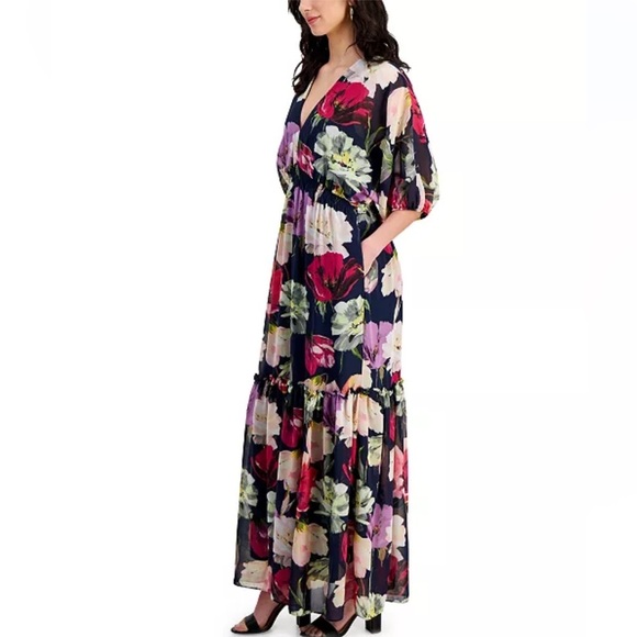 NWT Taylor Plus Size V-Neck Chiffon Elbow-Sleeve Maxi Dress Navy Lilac size 20W - Picture 3 of 12